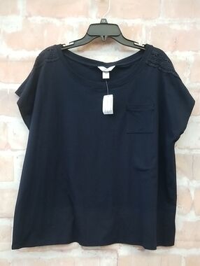 NWT CJ Banks Navy Short Sleeve Tee with Lace Shoulder Detail Size 2X